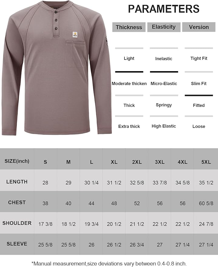 FR Shirts for Men Light Weight Flame Resistant Henley Shirts Long Sleeve Shirts HRC2/CAT2 6.5oz 100% Cotton
