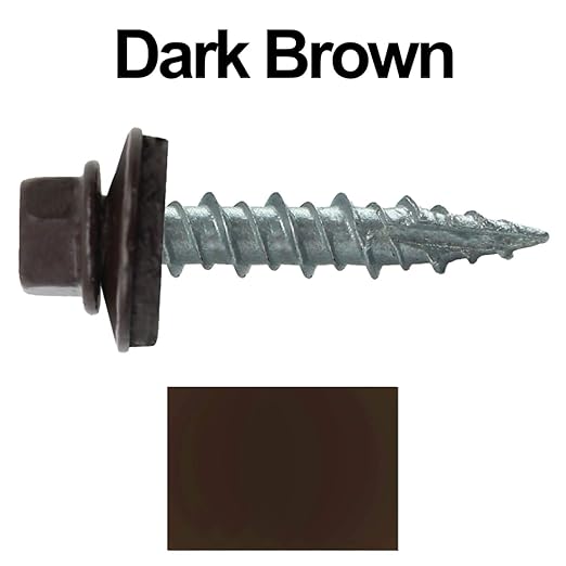 Metal Roofing Screws: (250) 10 x 1 Dark Brown Hex Head Sheet Metal Roof Screw. Self Starting Metal to Wood siding Screws. EPDM Washer. Colored Head