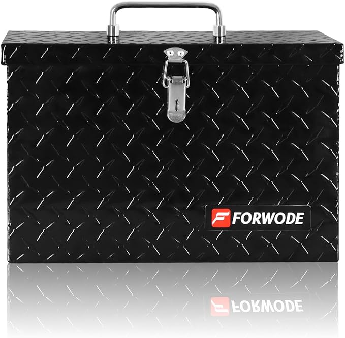 FORWODE 16 Inch Aluminum Truck Tool Box Lockable Truck Bed Tool Box Waterproof Truck Bed Storage Box with Top Foldable Handle Small Truck Tool Chest for Pickup, Truck Bed, RV, Trailer & Garage (Black)