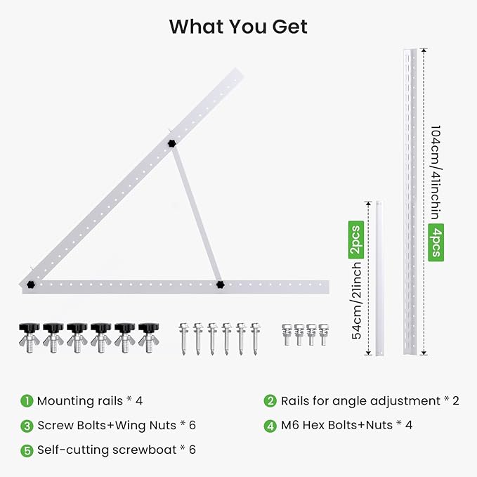 41in Adjustable Solar Panel Mount Brackets with Foldable Tilt Legs, Aluminum Mounting Stand for 100W-400W Panels, Roof, RV, Boat, Off-Grid Systems (1 Set)