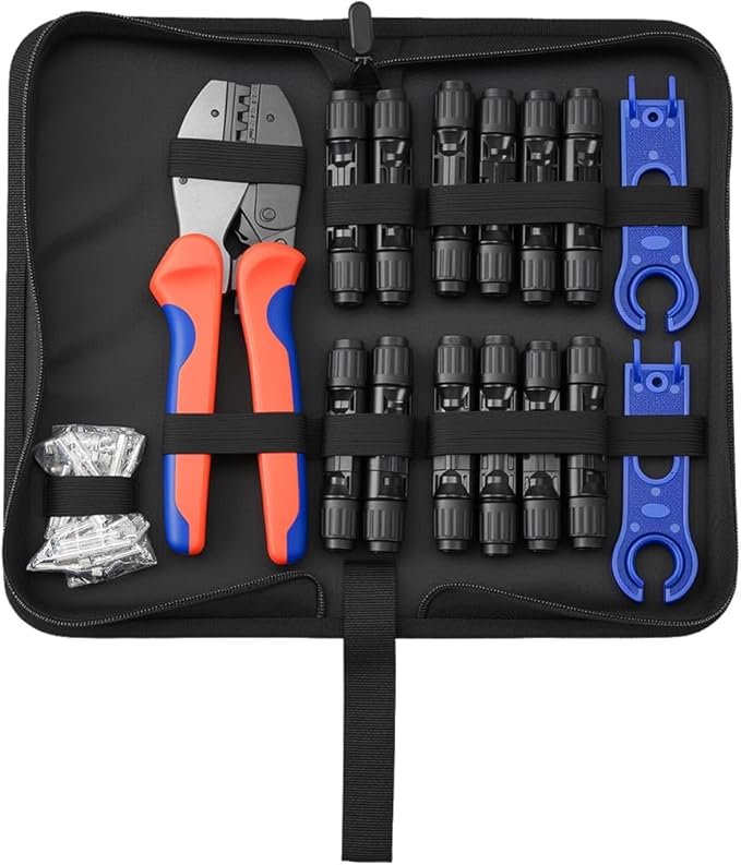 BougeRV Solar Crimper Tool Kit - Crimper, 12 Pairs Connectors, 2 Spanner Wrench for 14-10 AWG Solar Panel Cable Wire Crimping PV Assembly and Installation