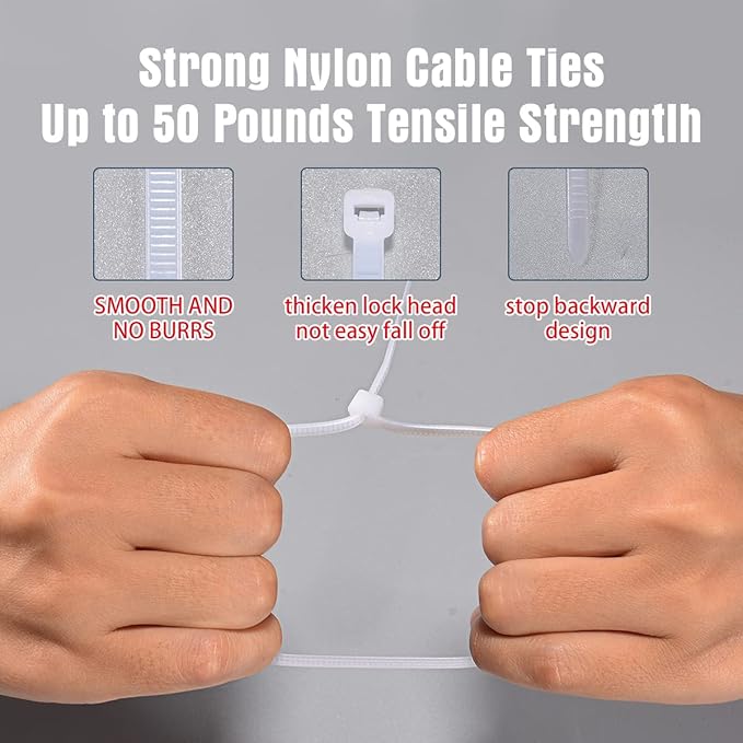 12 Inch White Zip Ties 1000 Pack Bulk, 50 lbs Heavy Duty Nylon Cable Ties, UV Resistant Self Locking Wire Ties for Commercial, Garden, Indoor Outdoor Use