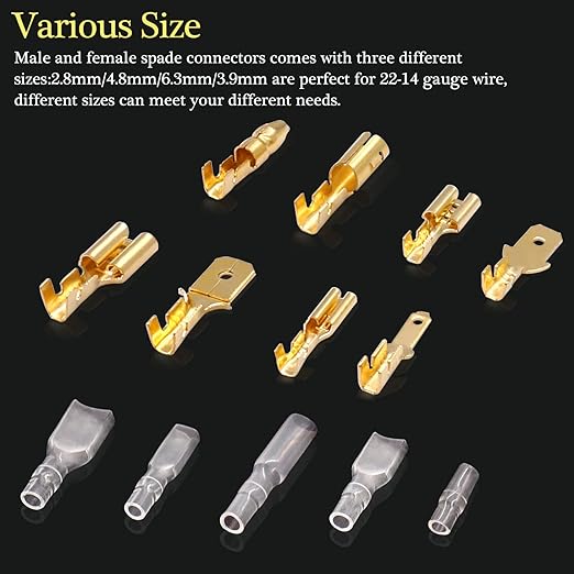 Twidec/640Pcs 2.8/4.8/6.3mm Quick Splice Male and Female Wire Spade Connector Crimp Terminal & Bullet Connectors Terminals Crimp Block Kit Golden with Insulating Sleeve Wiring Car Speaker N-001