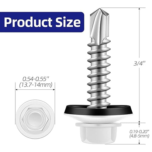 #10 x 3/4" Zinc Plated Steel Self Drilling Roofing Screws, Hex Head Self Tapping Screws with EPDM Washer, White Head, 100 PCS