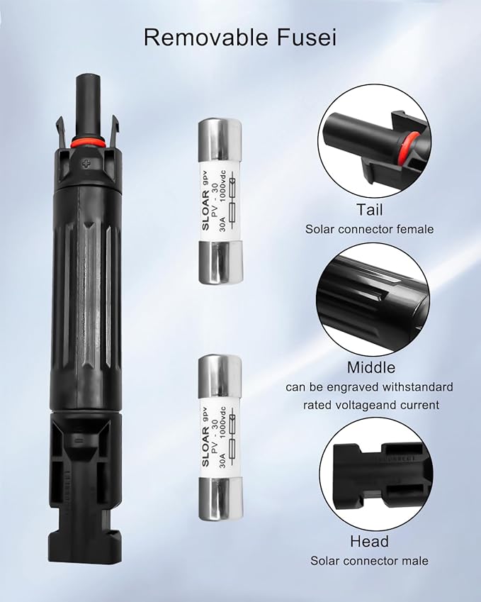 5 Pcs 30A Solar Fuse Holder Inline with Male and Female Connector for Solar Panel and Solar Controller, IP68 Waterproof Solar Fuse Connector with 10 Fuse