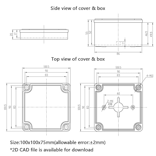 Junction Box, 3.9"x 3.9"x 3"(2 Pack) Outdoor Electrical Box with Mounting Plate, IP67 Dustproof Waterproof ABS Plastic Project Box, DIY Electrical Enclosure Gray (100x 100x 75 mm)