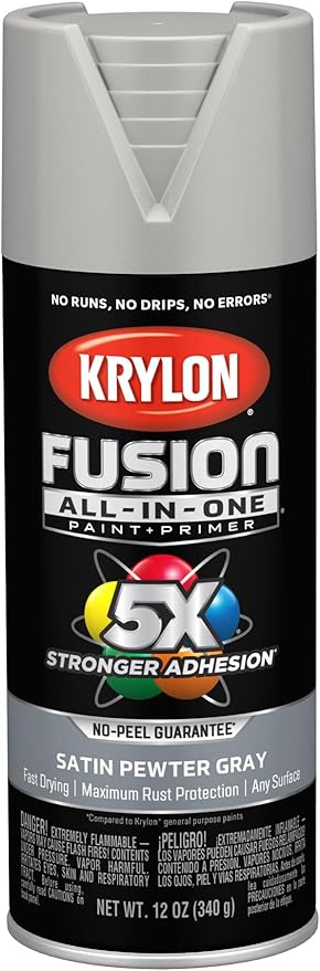 Krylon Fusion All-In-One Adhesive Spray Paint for Indoor/Outdoor Use, 12 oz, Pewter Gray