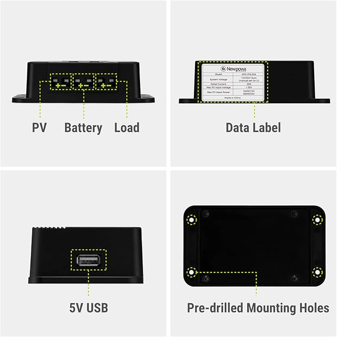 Newpowa 10A Solar Charge Controller - 12V/24V PWM Compact Design LCD Display Off Grid Solar Panel Adjustablefor AGM, Gel, Flooded and Lithium Battery