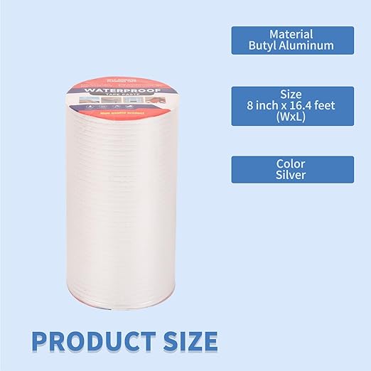 8" W X 16.4'L Waterproof Tape for Leaks Aluminum Butyl Tape with Adhesive for RV Repair, Glass Repairs, Air Mattress Patch, Window Caulking, Boat Sealing, Roof Patching