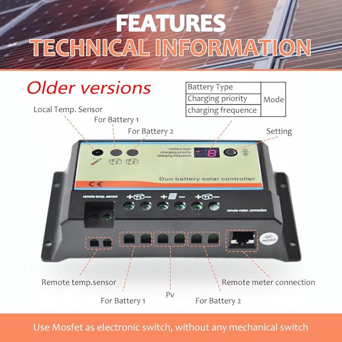 EVPEVER 10A Solar Charge Controller 12V/24V Auto Working Dual Battery Solar Panel Charge Controller PWM 10AMP Intelligent Solar Panel Batteries Regulator for Motorhome, Caravan, Boat