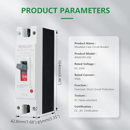 Wengart 250 Amp DC MCCB Circuit Breaker, 250V 1-Pole Molded Case Breaker for Solar PV System, High-Capacity Battery Bank & Off-Grid Inverter, Heavy-Duty DC Master Disconnect, WGM1PV-250