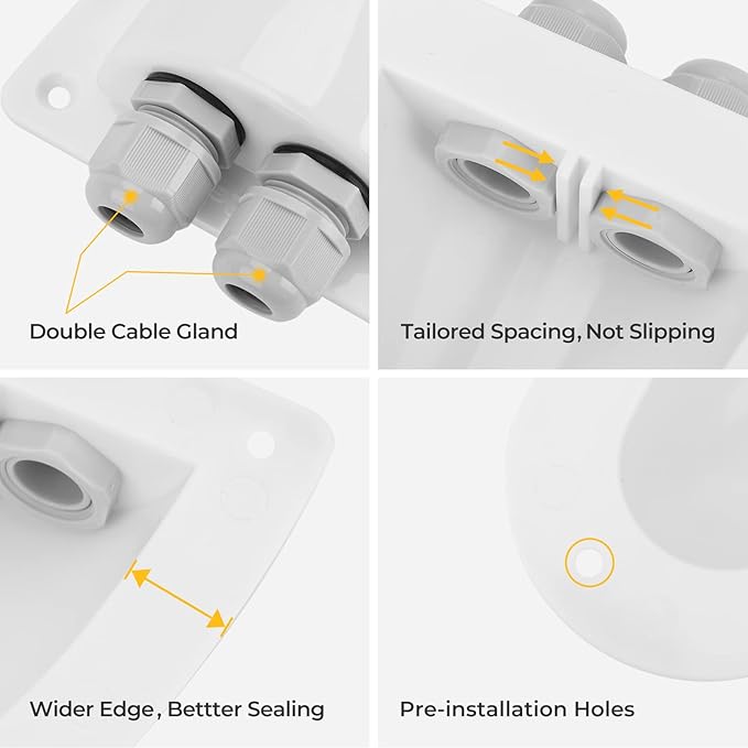 BougeRV 2 Packs of White Solar Double Cable Entry Gland Box, RV roof Waterproof ABS Solar Double Cable Entry housing for RVs, Boats, Yacht, Roofs，camperman for All Cable Types 14AWG to 10AWG （White）