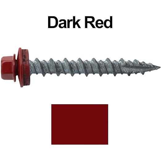 Metal ROOFING SCREWS: (250) 10 x 1-1/2" Dark Red Hex Head Sheet Metal Roof Screw. Self starting metal to wood siding screws. EPDM washer. Colored head