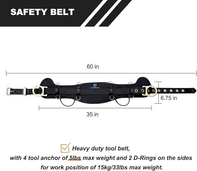 Safety Harness Climbing Belt - Tongue Buckle Safety Belt With Ventable & Moisture-Wicking Waist Pad and 2 Side D-Rings Personal Fall Protection Safety Belt for Work Positioning Restraint