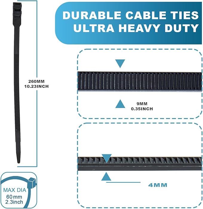 Black Zip Ties Heavy Duty 10 × 0.35 in Electrical Cable Ties 200 LB Load Capacity 100 PCS UV Resistant Double Locking Nylon Tie Straps for Cable Management Outdoor Use and DIY Projects