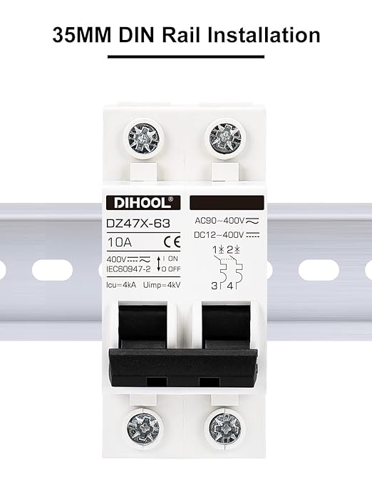 DIHOOL Solar Disconnect Switch, 10 Amp 2 Pole, DIN Rail Mount, Non Polarized, 12V 24V 48V 400V, AC/DC Circuit Breaker, RV Battery Isolator, PV Array MCB, Thermal Magnetic Trip