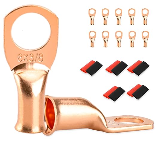 10 PCS Battery Terminal Connectors, Battery Cable Ends Lugs, 8 Gauge Wire Connectors, 8 AWG 3/8" Stud Ring Terminals, Copper Wire Lugs with Heat Shrink Tubing.