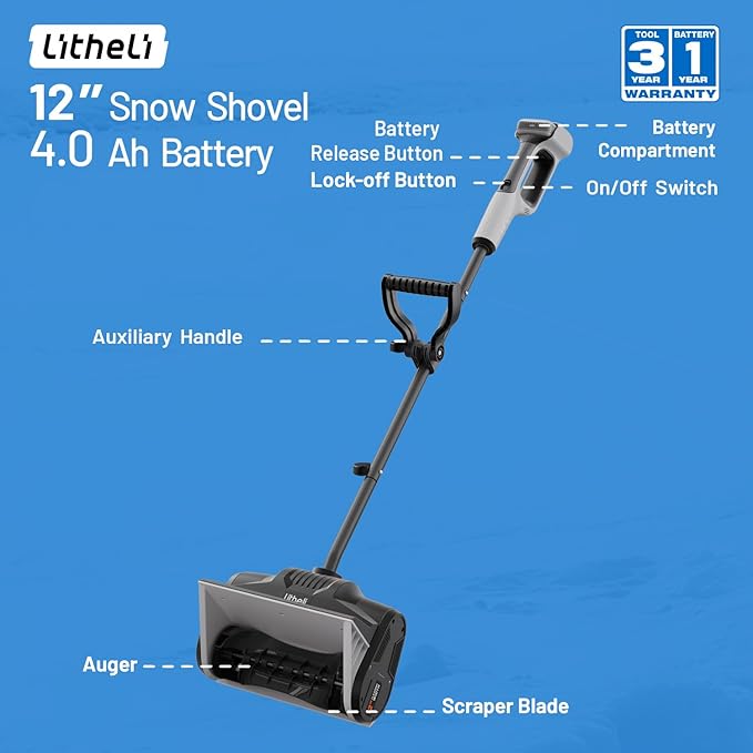 Litheli Cordless Snow Shovel 20V, Brushless Lightweight Electric Power Shovel for Snow Removal, Includes 4.0 Ah Battery, Easy to Use Snow Blower for Driveways, Sidewalks, Decks & Patios