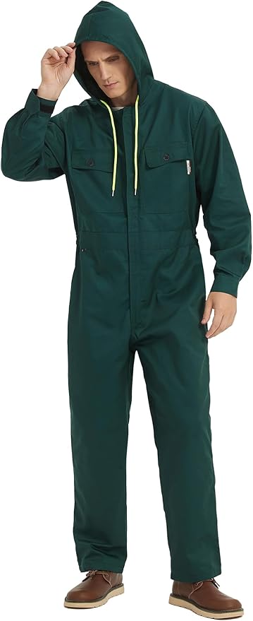 Mens Cotton Blend Long Sleeve Coverall Multi Pockets Zip Overall Mechanic Work Jumpsuit with Hood