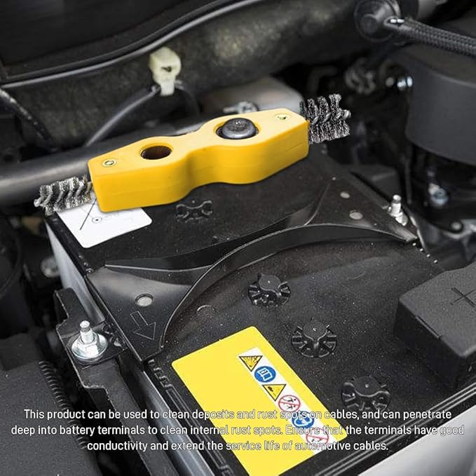 4 in 1 Car Battery Cleaning Brush, Battery Terminal Cleaner, Anti-Rust Auto Battery Cleaner with Steel Wire, Car Accessories Vehicle Machine Parts Clean Tools for Most Vehicles (Yellow)