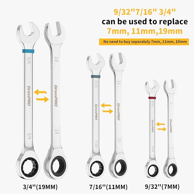 Ratcheting Wrench Set, 23PCS Combination Wrench Sets, Wrench Set Metric and Standard & SAE, 6-18mm & 1/4" to 3/4" with Color Ring, Ratchet Set With Roll Up Pouch, CRV Socket Mechanic Tool Sets