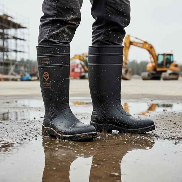 SUREWAY Steel Toe Rain Boots for Men, Knee High Waterproof Work Boots with Slip & Oil Resistant Outsole for Industrial, Construction, Agriculture