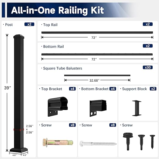 Egadis 36 in. H x 12 ft. W Porch and Deck Railing Kit, Aluminum Railing Kit, Black Textured AAMA 2604 Powder-Coat Finish Railing System for Outdoor Decks, Porches & Balconies (2 Post, 2 Panel)