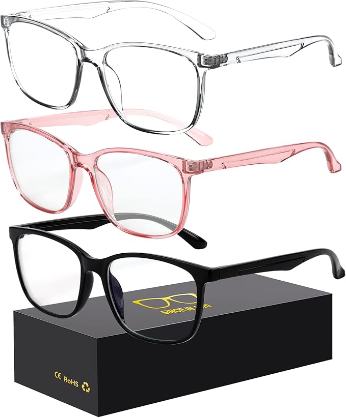 Blue-Light Blocking Glasses Computer Reading/Gaming/TV/Phones Glasses Fashion Anti Eyestrain Glasses for Women Men（D3 Black + Transparent + Pink）