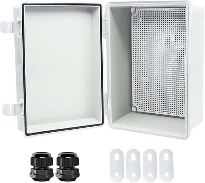 Junction Box, Hinged Cover IP67 Waterproof ABS Project Box with 2 NPT 1/2" Cable Gland, Electrical Box Enclosure with Mounting Plate & Wall Bracket 11.4 x 7.5 x 5.5inch(290x190x140mm)