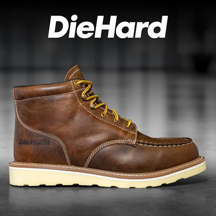 DieHard Men's Mustang casual Brown Leather Wedge Boots. Ankle-High, Slip-Resistant, Soft Toe