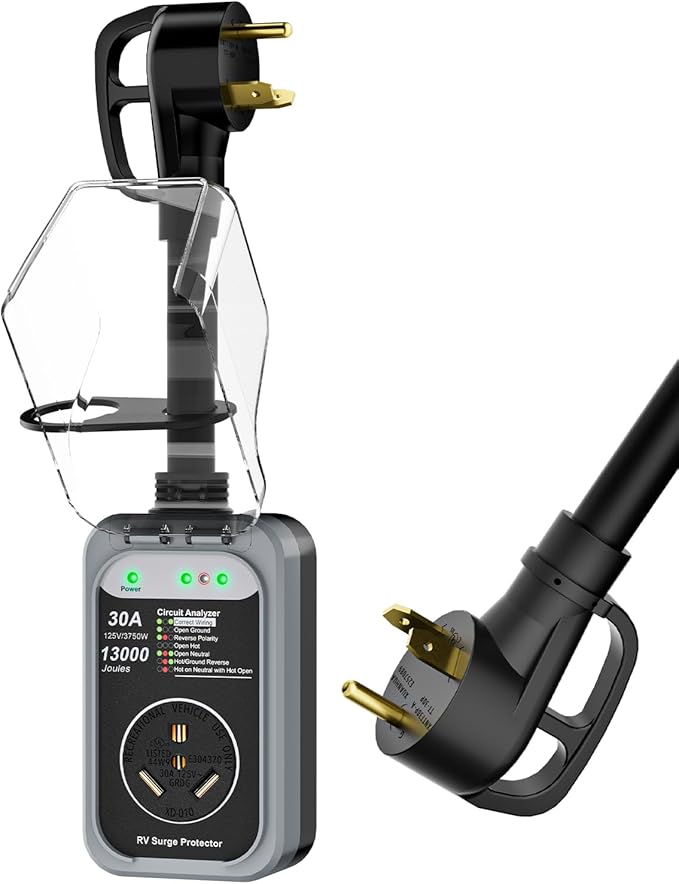 RV Surge Protector 30 Amp, 13000 Joules RV Circuit Analyzer with Waterproof Cover,RV Adapter Plug for Camper Travel Trailers (30AMP-Grey)