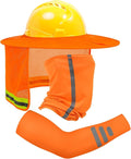 TCCFCCT Hard Hat Sun Shade, Full Brim High Visibility Sun Visor Neck Shield and Bandana Face Scarf with Construction Arm Sleeves, 3 Packs, Orange, Large, TCMY-01