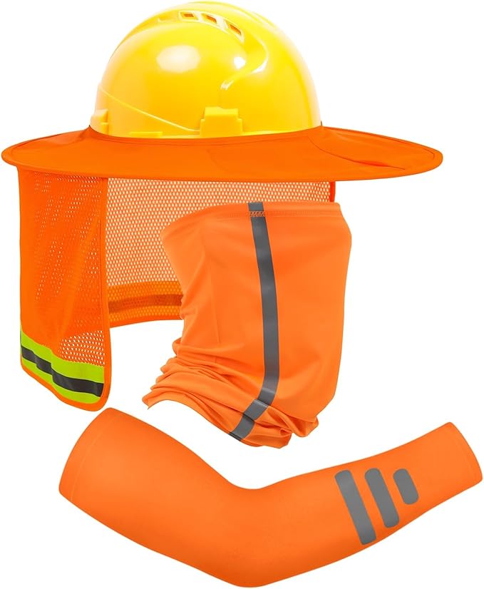 TCCFCCT Hard Hat Sun Shade, Full Brim High Visibility Sun Visor Neck Shield and Bandana Face Scarf with Construction Arm Sleeves, 3 Packs, Orange, Large, TCMY-01