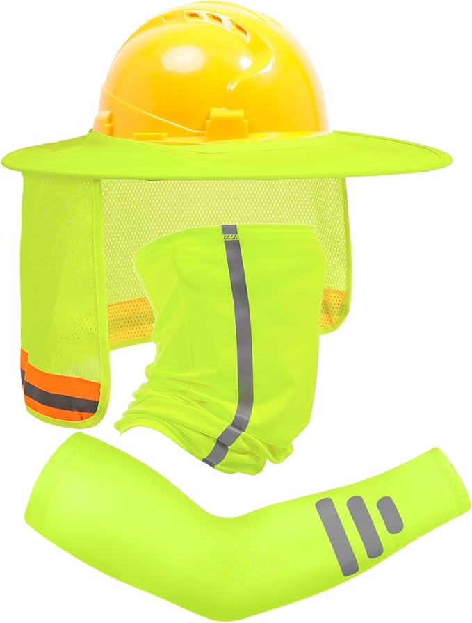 TCCFCCT Hard Hat Sun Shade, Full Brim High Visibility Sun Visor Neck Shield and Bandana Face Scarf with Construction Arm Sleeves, 3 Packs, Yellow