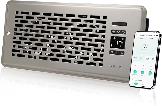 Register Booster Fan for 4" x 10" Register Holes, Quiet Vent Fan Booster with Intelligent Thermostat, Improves Heating Cooling, App Control, 10-Speeds, Manhattan Smart Register Vent, SN