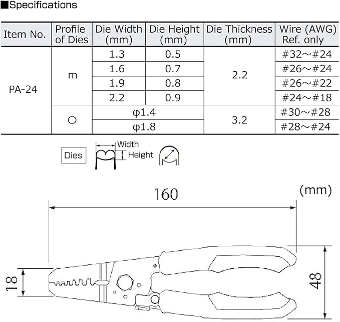 ENGINEER PA-24 Micro Connector Crimping Pliers Tool 160mm (Made in Japan) for JST XH, PH, EH & NH series, Molex Micro-Fit, KK series (AWG #32-#18)