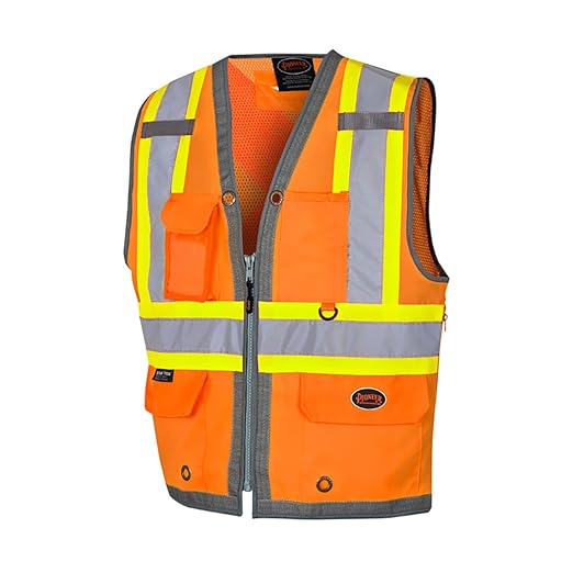 Pioneer Safety Vest for Men – Hi Vis Reflective Neon, Cool Mesh Back Panel, 12 Pockets, Zipper for Surveyor Work – Orange, Yellow/Green