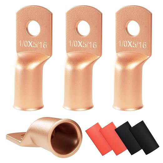 4pcs 1/0 Awg - 5/16" Sanuke Wire Lugs Ring Terminal Connectors Ends Heavy Duty for Battery Cable Lug Wire Electrical Eyelets with 3:1 Dual Wall Adhesive Heat Shrink