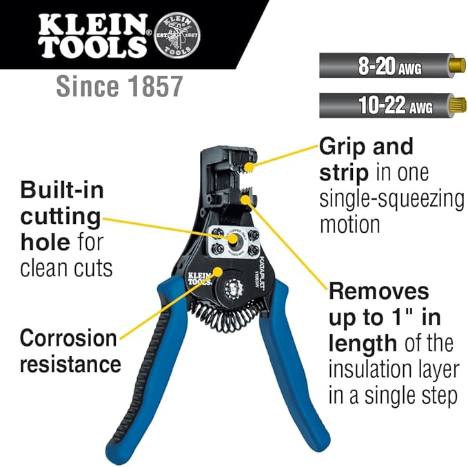Klein Tools 11063W Wire Cutter/Stripper, Heavy Duty Automatic Tool for 8-20 AWG Solid and 10-22 AWG Stranded Electrical Wire