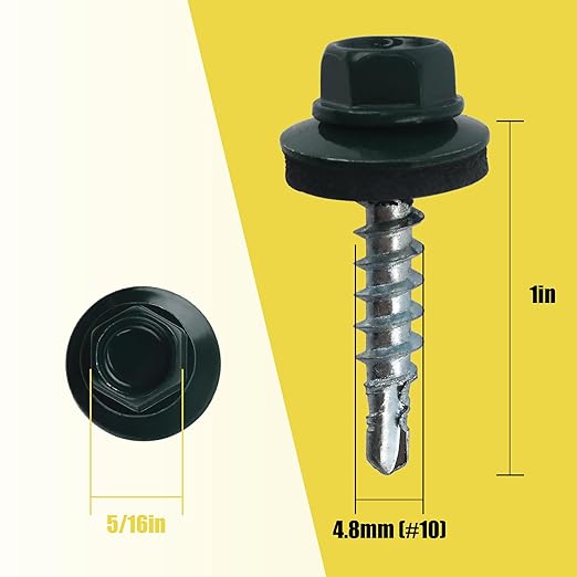 300pcs #10 x 1 Green Hex Head Self-Drilling Metal Roofing Screws, EPDM Washer, Colored Head, Wood Screws, Sheet Metal Roof Screw with Hex Driver Bit