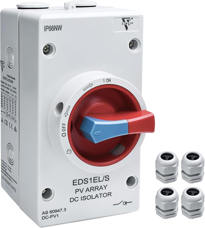 32Amp Waterproof IP66 Solar Disconnect Switch 4-Pole Red DC1500V Isolator Solar Switch with Enclosure for Rooftop Solar Systems, RVs and Boat