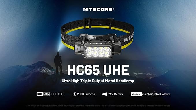 Nitecore HC65 UHE Headlamp, 2000 Lumen Max Heavy Duty Metal, USB-C Rechargeable with White, Red, and Reading Lights for Camping, Hiking, Hunting, and Industrial Works (Grey)