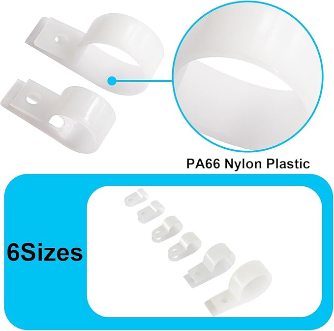 TWTADE 306PCS White Cable Clamps Assortment Kit, Nylon Plastic R-Type 6 Sizes 3/16'' 1/4'' 3/8'' 1/2'' 3/4'' 1'' Cable Mounting Wire Clips Fastener with Screws for Wire Management