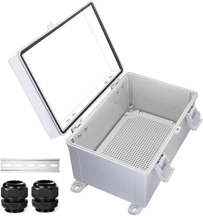 Waterproof Electrical Box Dustproof Junction Box Weatherproof IP67 ABS Plastic Enclosure Switch Router Project Box with Mounting Plate with Wall Bracket 2 Cable Glands Clear 11.8"x7.9"x6.7"