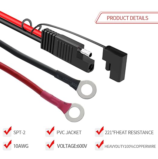 SAE Battery Connector, 10AWG SAE to O Ring Terminal Harness 2-Pin Quick Disconnect SAE Battery Cable for Motorcycle Car,with 10A 15A 20A 25A 30A Protection Fuse(20FT)