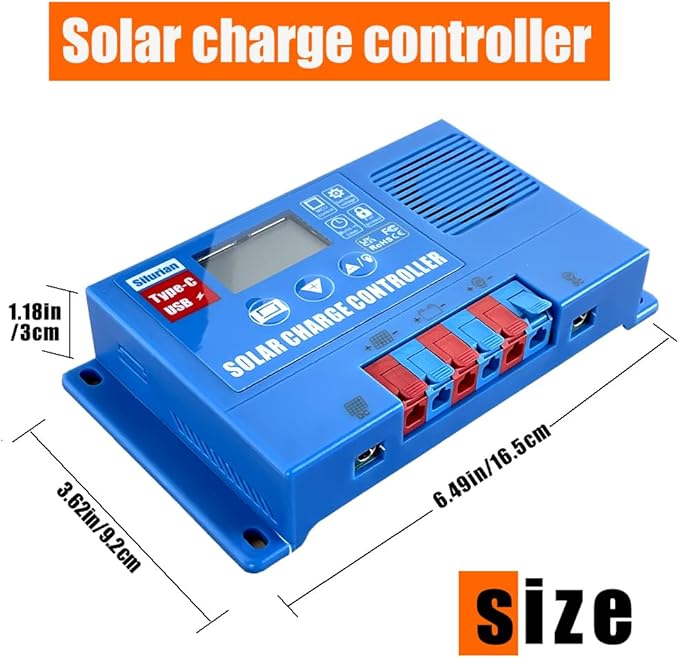 Solar Charge Controller 12V 30A, Solar Panel Charge Controller with Type-C and USB Output for Solar Panel and Gel, AGM, LiFePO₄ Battery