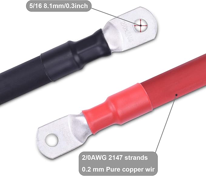 2/0 AWG Flexible Battery Cable with 5/16" Terminals - OFC Pure Copper Inverter & Welding Wire for Automotive Solar RV Motorcycle (Red + Black 1FT Pair)