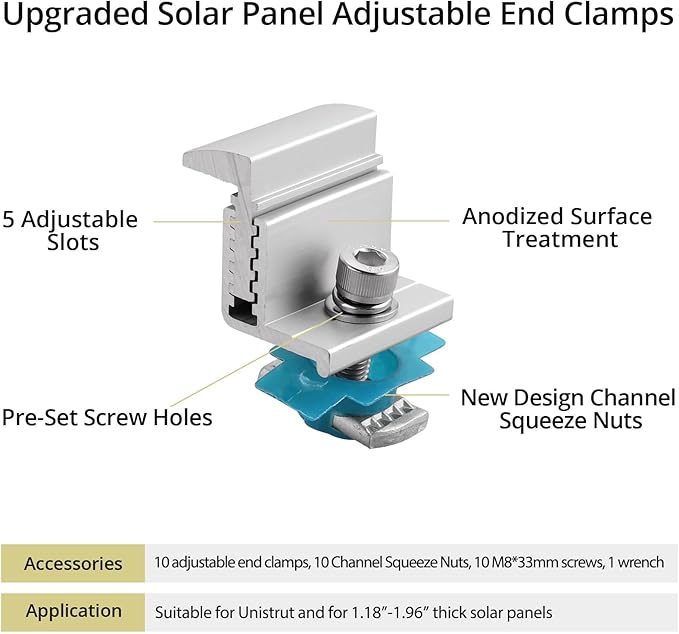 Anbte 10pcs Adjustable Solar Panel End Clamp for Unistrut, 30-50mm Aluminum Solar Panel Mounting Brackets with Nuts Bolts and Wrench, for Metal Roof, Tin Roof, Flat Roof, Sheet Roof, RV, Silver