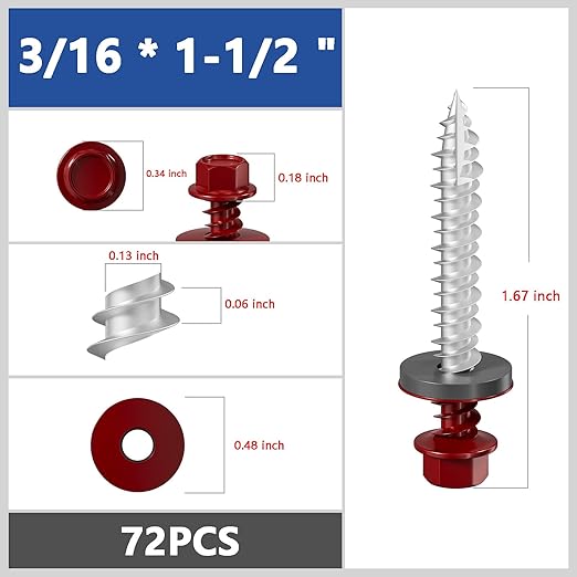 # 3/16 * 1-1/2" 72PCS 1lbs Red Hexagonal Metal Sheet roof Screws, #10 * 1-1/2 with EPDM washers and Hexagonal self Tapping, Used for Metal to Wood, Corrugated Roofs.5 * 38mm