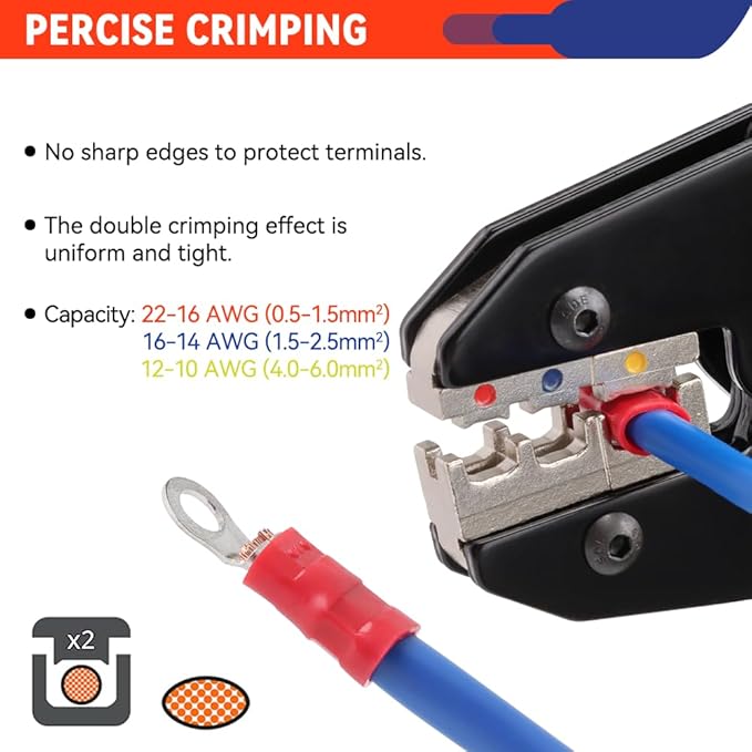 Crimping Tool for Insulated Electrical Connectors - Ratcheting Wire Crimper - AWG 22-10 (0.5-6.0mm²) - Electrical Crimping Tool